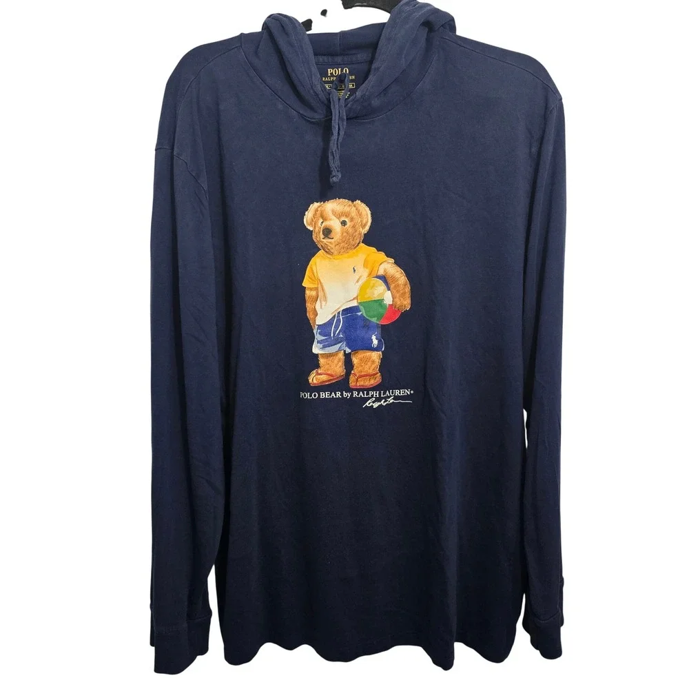 Polo Ralph Lauren Mens XL Navy Blue Polo Bear‎ Beach Ball Hooded T-Shirt Hoodie